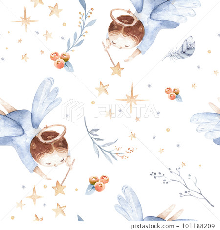 Watercolor christmas nativity scene seamless patterns. Magic Christianity story with newborn jesus, mary, angel and lamb. Holy jolly christmas card 101188209