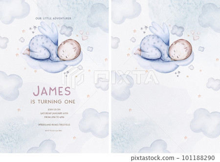Watercolor newborn Baby Shower greeting card with babies boy. Birthday card with text space of new born baby and pregrand women invitation. Watercolor newborn Baby Shower greeting card with babies boy. Birthday card with text space of new born baby and pregrand women invitation. 101188290