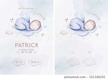 Watercolor newborn Baby Shower greeting card with babies boy. Birthday card with text space of new born baby and pregrand women invitation. 101188291