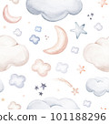 Watercolor newborn baby boy seamless pattern babies boy. Birthday blue background teepee new born baby and pregrand women 101188296