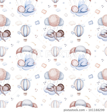 Watercolor newborn baby boy seamless pattern babies boy. Birthday blue background teepee new born baby and pregrand women Watercolor newborn baby boy seamless pattern babies boy. Birthday blue background teepee new born baby and pregrand women 101188299
