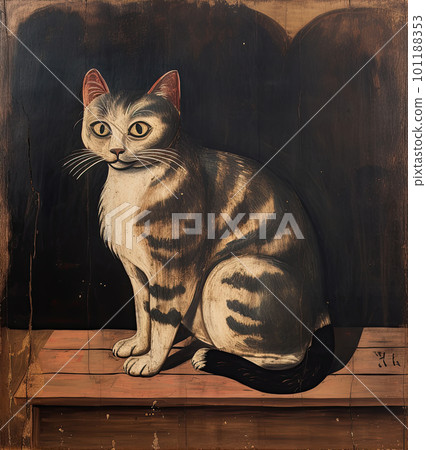 old 18th century worn painting of a striped cat old 18th century worn painting of a striped cat 101188353