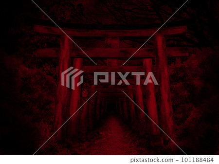 神社中一系列鳥居門的紅色插圖 101188484