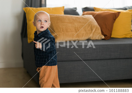 Toddler boy laughing having fun standing near sofa in living room at home copy space. Adorable baby making first steps alone. Happy childhood and child care concept 101188883