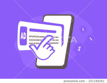 Mobile advertising and digital marketing concept. Mobile phone displays an attractive ad with cursor clicking on it. Vector illustration for online marketing visuals Mobile advertising and digital marketing concept. Mobile phone displays an attractive ad with cursor clicking on it. Vector illustration for online marketing visuals 101189261