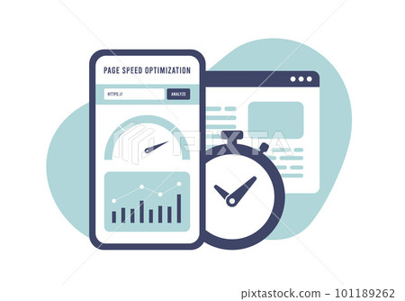 Page speed optimization concept. Boost website performance with fast page load speed. Smartphone with timer, accelerometer indicator, chart and graph illustration for SEO and digital marketing visuals 101189262