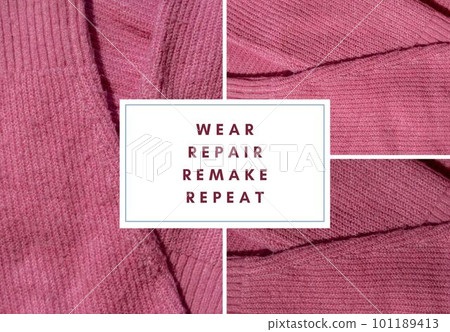 WEAR REPAIR REMAKE REPEAT text on background of before and after repairing pink sweater with Anti-pilling razor. Sustainability lifestyle fashion, reducing clothing waste recycling. Electric portable WEAR REPAIR REMAKE REPEAT text on background of before and after repairing pink sweater with Anti-pilling razor. Sustainability lifestyle fashion, reducing clothing waste recycling. Electric portable 101189413