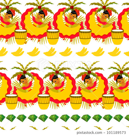 Happy Carnival, Colombia, South America Carnival with samba dancers and musicians. Seamless border colombian festival. Happy Carnival, Colombia, South America Carnival with samba dancers and musicians. Seamless border colombian festival. 101189573