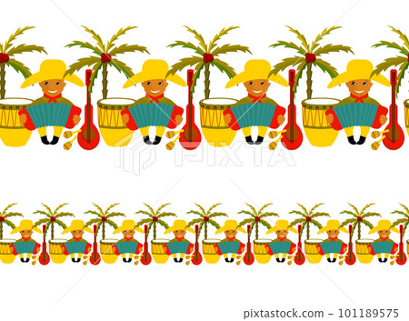 Happy Carnival, Colombia, South America Carnival with samba dancers and musicians. Seamless border colombian festival. Happy Carnival, Colombia, South America Carnival with samba dancers and musicians. Seamless border colombian festival. 101189575