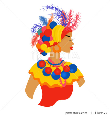 Colombian woman portrait in carnival costume. Hispanic woman in colorful clothes with fruits and feathers. 101189577