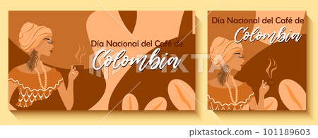 National Coffee Day in Colombia banner. Afro-Colombian woman holding a cup of coffee in her hand. National Colombian clothes. Inscription in Spanish: National Coffee Day in Colombia. 101189603