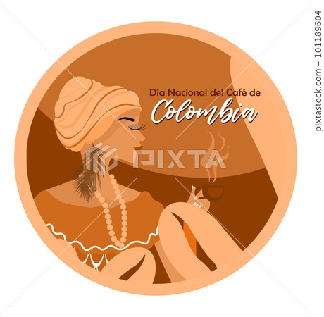 National Coffee Day in Colombia banner. Afro-Colombian woman holding a cup of coffee in her hand. National Colombian clothes. Inscription in Spanish: National Coffee Day in Colombia. National Coffee Day in Colombia banner. Afro-Colombian woman holding a cup of coffee in her hand. National Colombian clothes. Inscription in Spanish: National Coffee Day in Colombia. 101189604