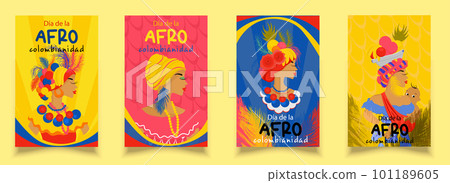 Afro-Colombian Day greeting banner set up in Colombia, colorful flyer In Spanish: Afro-Colombian Day. Colombian woman in folk dress with feathers and fruits on her head Afro-Colombian Day greeting banner set up in Colombia, colorful flyer In Spanish: Afro-Colombian Day. Colombian woman in folk dress with feathers and fruits on her head 101189605