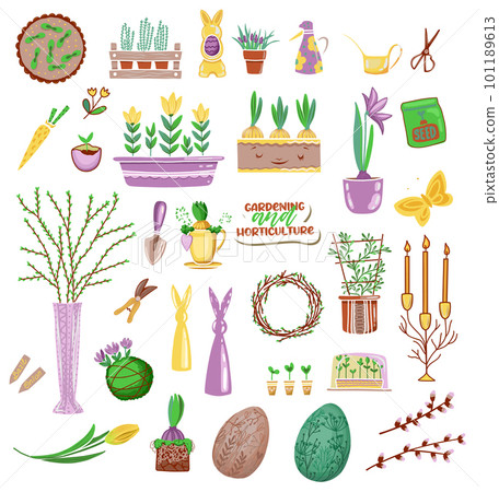 Separate elements of farming and horticulture.Gardener items and tools.Gardening.Easter clipart. 101189613