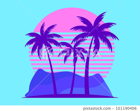 Palm trees against a pink sun in the style of the 80s. Synthwave and 80s style retrowave. Design for advertising brochures, banners, posters, travel agencies. Vector illustration Palm trees against a pink sun in the style of the 80s. Synthwave and 80s style retrowave. Design for advertising brochures, banners, posters, travel agencies. Vector illustration 101190406