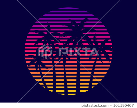 Tropical palm trees at sunset in a futuristic 80s style. Summer time, silhouettes of palm trees in synthwave and retrowave style. Design of advertising booklets and banners. Vector illustration Tropical palm trees at sunset in a futuristic 80s style. Summer time, silhouettes of palm trees in synthwave and retrowave style. Design of advertising booklets and banners. Vector illustration 101190407