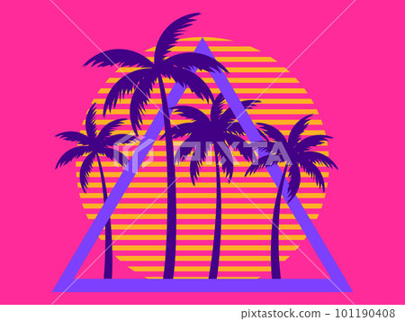 80s retro sci-fi palm trees on a sunset. Retro futuristic sun with palm trees in a triangular frame. Synthwave style. Design for advertising brochures, banners and posters. Vector illustration 80s retro sci-fi palm trees on a sunset. Retro futuristic sun with palm trees in a triangular frame. Synthwave style. Design for advertising brochures, banners and posters. Vector illustration 101190408