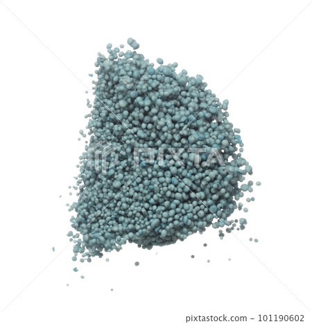 Fertilizer blue chemical accelerate growth fly fall explosion, many tiny ball fertilizer for planting float throw in mid air. White background isolated high speed freeze motion 101190602