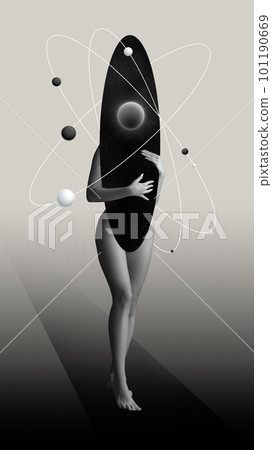 Art collage with young woman with space portal instead of upper part of body. Monochrome artwork Art collage with young woman with space portal instead of upper part of body. Monochrome artwork 101190669