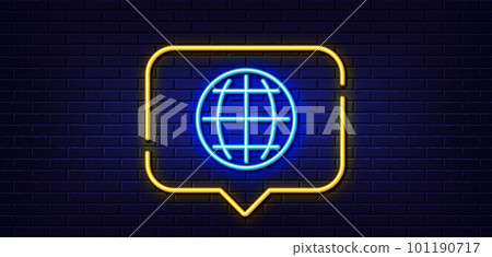 Neon light speech bubble. Globe line icon. World or Earth sign. Global Internet symbol. Neon light background. Globe glow line. Brick wall banner. Vector 101190717