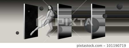 Contemporary art collage with young pretty girl wearing underwear and going through portals. Monochrome. Banner, flyer Contemporary art collage with young pretty girl wearing underwear and going through portals. Monochrome. Banner, flyer 101190719