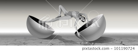 Contemporary art collage with pretty woman wearing underwear and laying on abstract figure. Monochrome. Banner, flyer 101190724