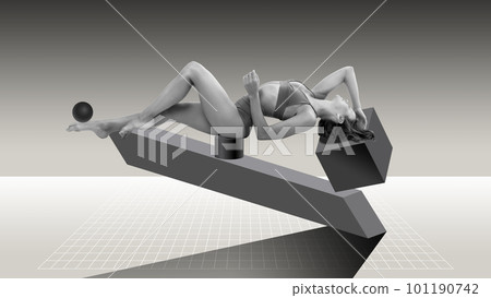 Contemporary art collage with one beautiful woman wearing underwear and laying on abstract figures. Monochrome Contemporary art collage with one beautiful woman wearing underwear and laying on abstract figures. Monochrome 101190742