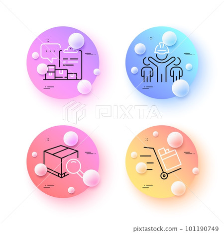 Search package, Push cart and Inventory report minimal line icons. 3d spheres or balls buttons. Engineering team icons. For web, application, printing. Vector 101190749
