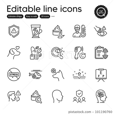 Set of Healthcare outline icons. Contains icons as Dont touch, Veterinary clinic and Shield elements. Medical helicopter, Collagen skin, Electronic thermometer web signs. Thermometer. Vector Set of Healthcare outline icons. Contains icons as Dont touch, Veterinary clinic and Shield elements. Medical helicopter, Collagen skin, Electronic thermometer web signs. Thermometer. Vector 101190760