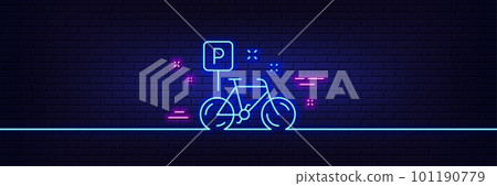 Neon light glow effect. Bike line icon. Bicycle parking sign. Urban traffic symbol. 3d line neon glow icon. Brick wall banner. Bike outline. Vector 101190779