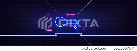 Neon light glow effect. Recovery laptop line icon. Backup data sign. Restore smartphone information symbol. 3d line neon glow icon. Brick wall banner. Recovery laptop outline. Vector 101190797