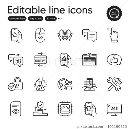 Set of Technology outline icons. Contains icons as Parking garage, Food app and View document elements. Feedback, Verified locker, Favorite web signs. Shop app, 24h service. Vector 101190813