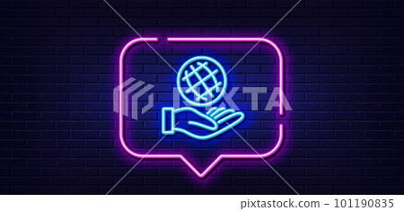 Neon light speech bubble. Safe planet line icon. World sign. Ecology symbol. Neon light background. Safe planet glow line. Brick wall banner. Vector Neon light speech bubble. Safe planet line icon. World sign. Ecology symbol. Neon light background. Safe planet glow line. Brick wall banner. Vector 101190835