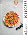 Traditional Italian pizza, vegetables, ingredients on a light background.Pizza menu. View from above. Place for text. 101190866