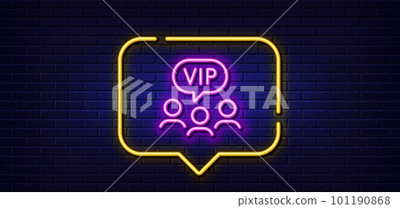 Neon light speech bubble. Vip clients line icon. Very important person sign. Member club privilege symbol. Neon light background. Vip clients glow line. Brick wall banner. Vector 101190868