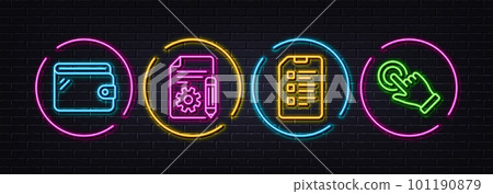 Wallet, Documentation and Checklist minimal line icons. Neon laser 3d lights. Touchscreen gesture icons. For web, application, printing. Money budget, Project, Data list. Click hand. Vector 101190879