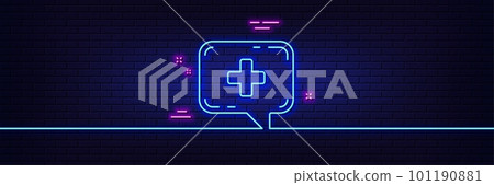 Neon light glow effect. Medicine chat line icon. Medical help sign. 3d line neon glow icon. Brick wall banner. Medical chat outline. Vector 101190881