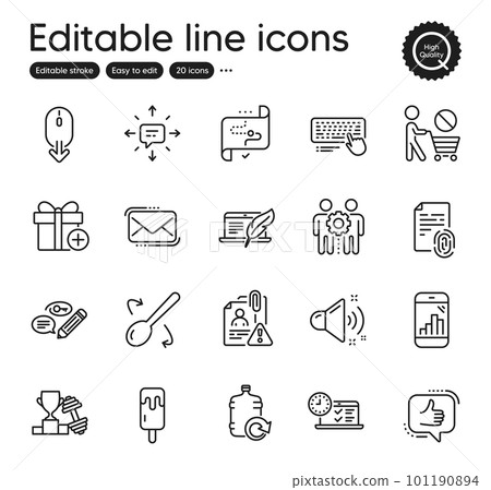 Set of Business outline icons. Contains icons as Cooking spoon, Keywords and Stop shopping elements. Add gift, Dumbbell, Employees teamwork web signs. Online test, Graph phone. Vector Set of Business outline icons. Contains icons as Cooking spoon, Keywords and Stop shopping elements. Add gift, Dumbbell, Employees teamwork web signs. Online test, Graph phone. Vector 101190894