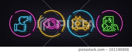 Electronic thermometer, Ambulance car and Myopia minimal line icons. Neon laser 3d lights. Prescription drugs icons. For web, application, printing. Vector Electronic thermometer, Ambulance car and Myopia minimal line icons. Neon laser 3d lights. Prescription drugs icons. For web, application, printing. Vector 101190898