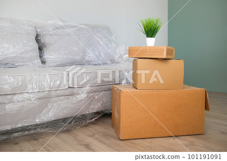Packed sofa and cardboard boxes in the living room. The concept of moving. 101191091
