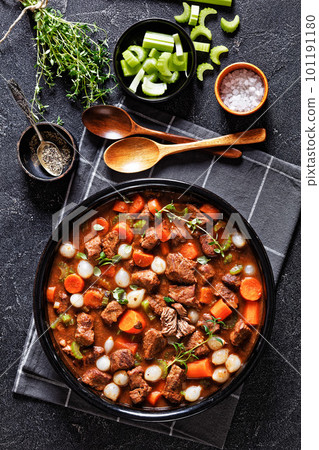 boneless beef short ribs stew in black bowl boneless beef short ribs stew in black bowl 101191180