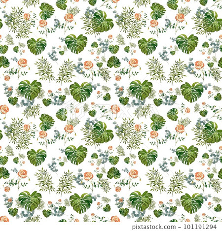 Rose flower palm leaf ornate pattern watercolor 101191294