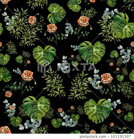 Rose flower palm leaf black pattern watercolor Rose flower palm leaf black pattern watercolor 101191307