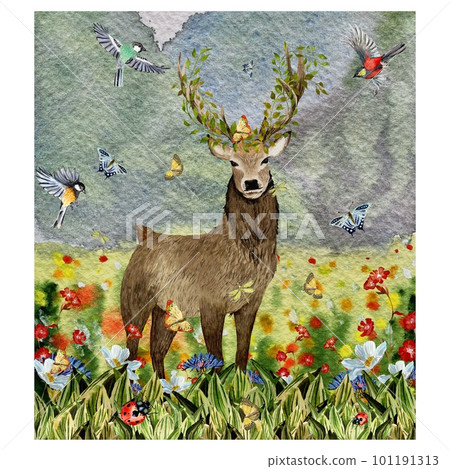 Deer insect bird nature background a watercolor Deer insect bird nature background a watercolor 101191313