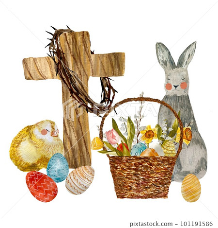Cross crown chick egg flower rabbit watercolor Cross crown chick egg flower rabbit watercolor 101191586