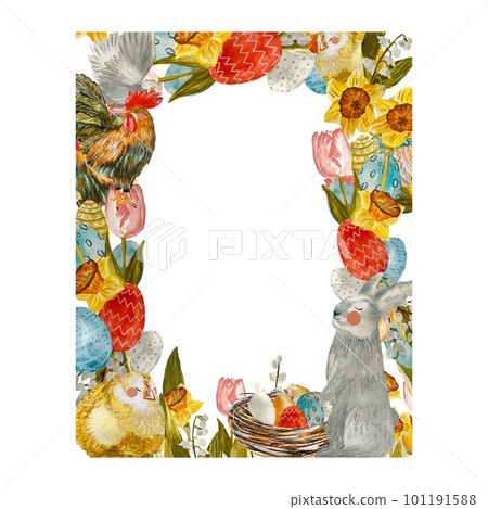 Frame eggs flower daffodil rabbit a watercolor  101191588