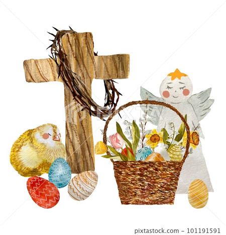 Cross crown chick egg flower angel watercolor 101191591