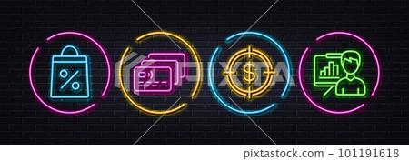 Shopping bag, Card and Dollar target minimal line icons. Neon laser 3d lights. Presentation board icons. For web, application, printing. Supermarket discounts, Bank payment, Aim with usd. Vector Shopping bag, Card and Dollar target minimal line icons. Neon laser 3d lights. Presentation board icons. For web, application, printing. Supermarket discounts, Bank payment, Aim with usd. Vector 101191618