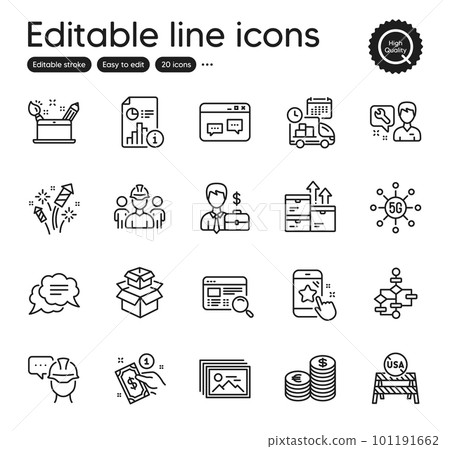 Set of Business outline icons. Contains icons as Creativity concept, Block diagram and Fireworks rocket elements. 5g technology, Website search, Repairman web signs. Payment method. Vector 101191662