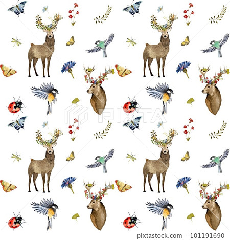 Deer bird insect flower nature pattern watercolor Deer bird insect flower nature pattern watercolor 101191690
